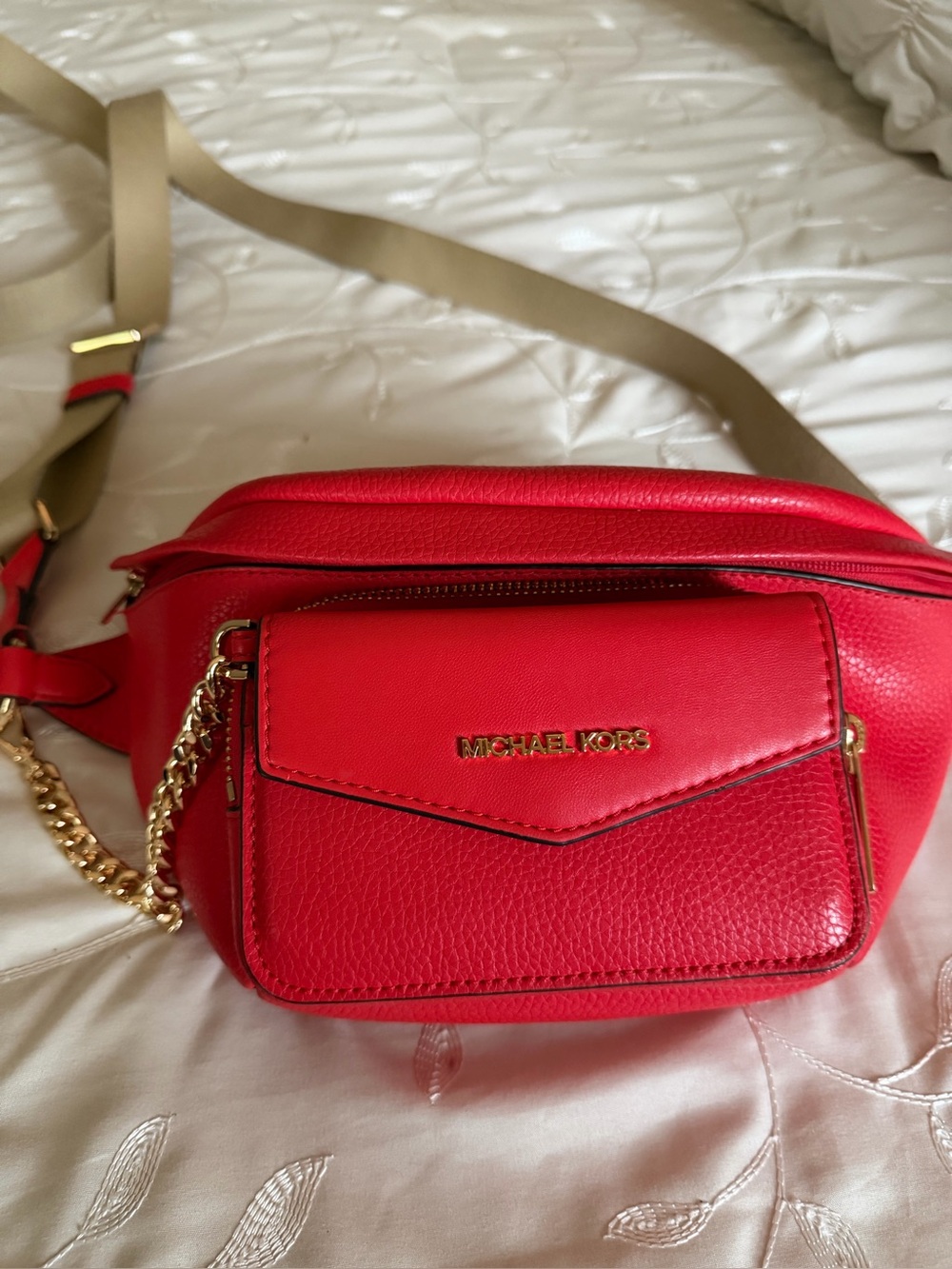 Michael Kors Red Leather Crossbody Bag with Gold Accent
